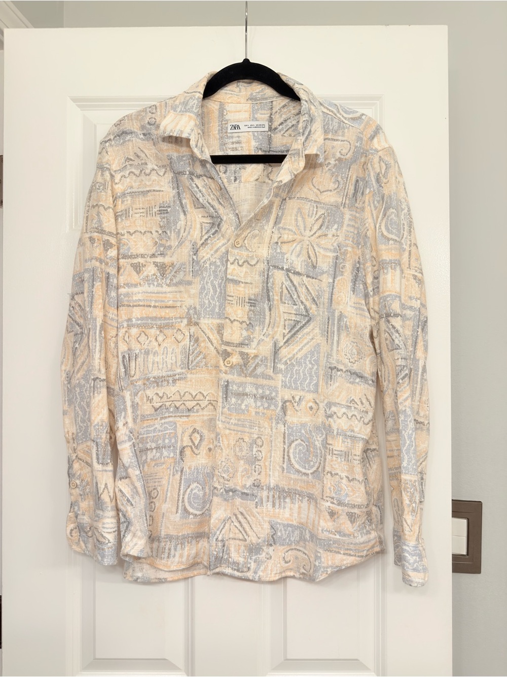 Zara Beige and Light Gray Geometric Print Casual Linen Blend Button-Down Shirt